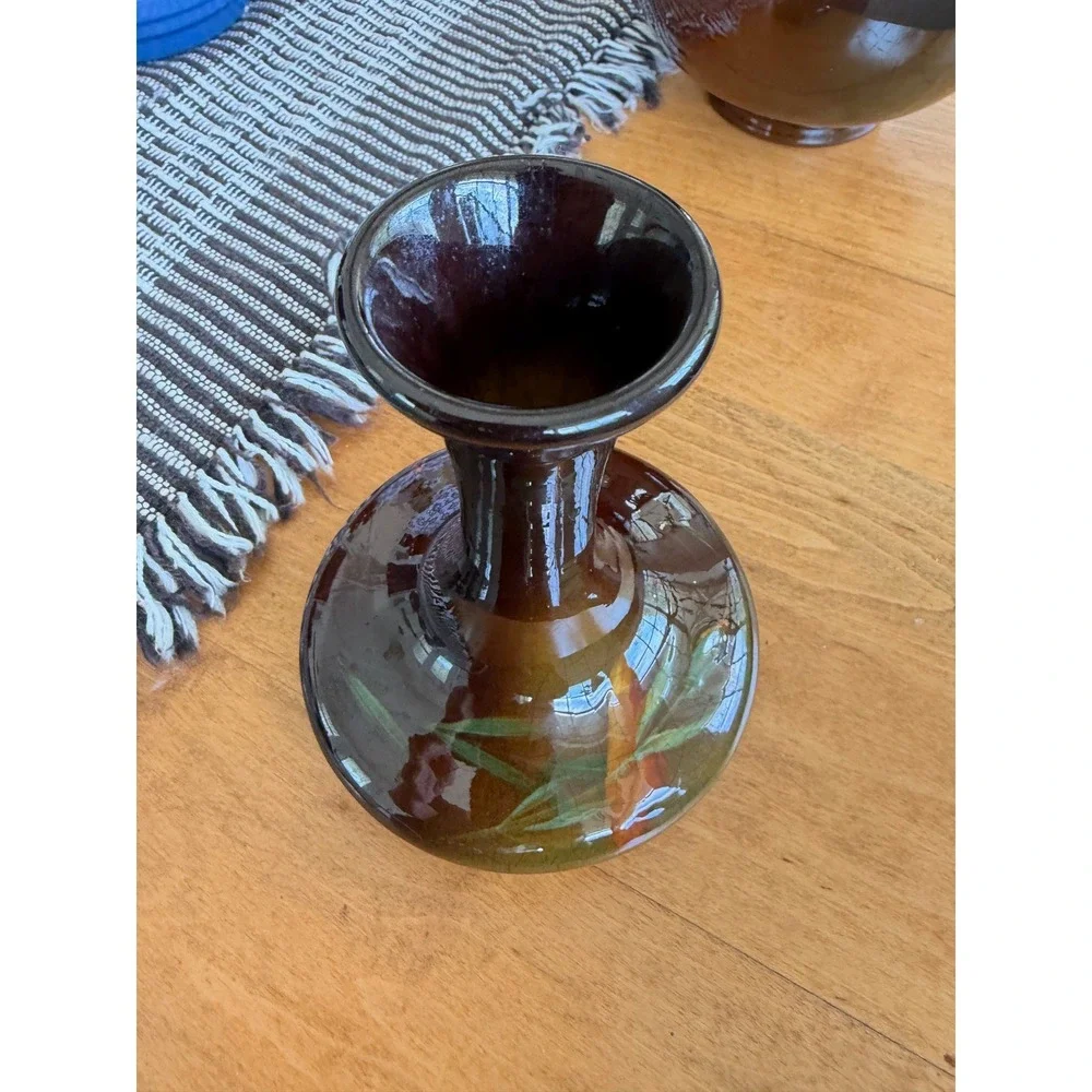 Vintage Brown Glazed Ceramic Bud Vase Hand‎ Painted Green Leaf Detail Flared Rim